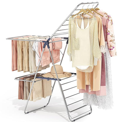 APEXCHASER Clothes Drying Rack with 4 Wings, Stainless Steel Drying Rack Clothing with Height-Adjustable, Foldable Gullwings Laundry Drying Rack, Indoor Outdoor Use, No Assembly, Blue