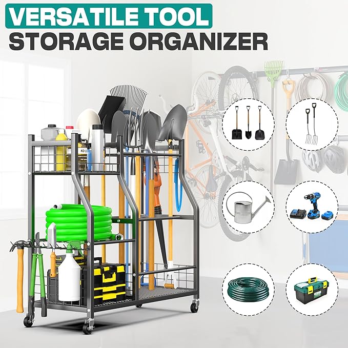 EVERHANGER Garden Tool Organizer Stand, Garage Tool Storage Organization, Yard Tool Racks with lockable wheels, Fit for Long-Handled Tools/Rakes/Brooms