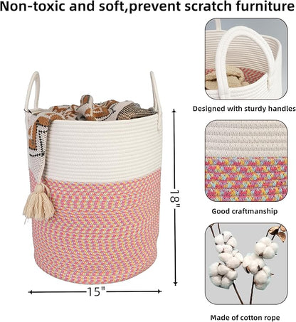 Cotton Rope Laundry Basket Hamper for Clothes Woven Storage Basket for Living Room Bedroom Boho Tall Rope Baskets for Blanket Toys Pillow Towels Baby Nursery Hamper Bin Large (multicolor)
