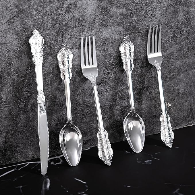 300Pieces Silver Plastic Silverware - Heavy Duty Silver Disposable Utensils - Fancy Plastic Cutlery Set Includes 100 Forks, 100 Spoons, 100 Knives for Dinner Parties Weddings