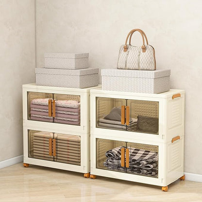 Plastic Stackable Storage Bins with Lids and Wheels, Foldable Closet Organizers and Storage Containers for Bathroom, Collapsible Clear Drawer Storage Cabinet with Doors White 22.4Gal 2Tiers