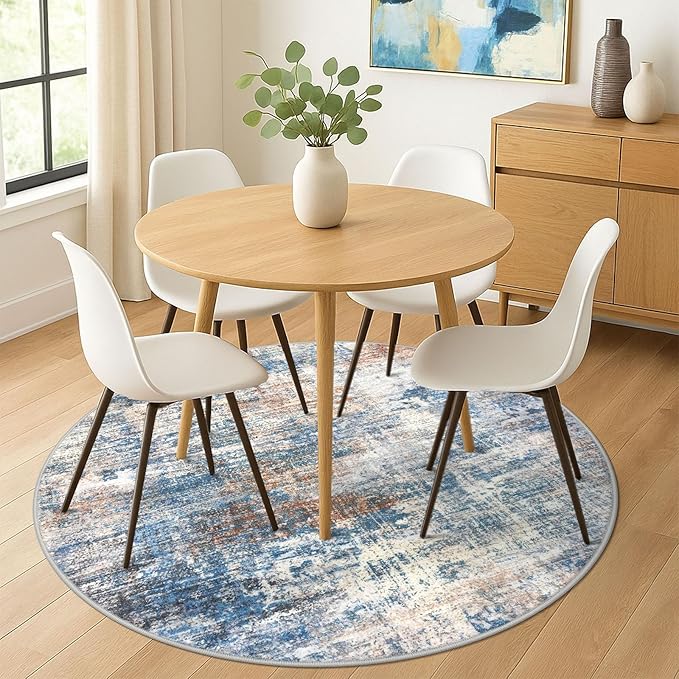 IOHOUZE Abstract Round Area Rug 6 Ft Washable Circle Rugs Large Round Rug Non Slip Thin Soft Circle Rugs, Printed Faux Wool Floor Carpet for Bedroom Living Room Dining Room Nursery, Blue Rust