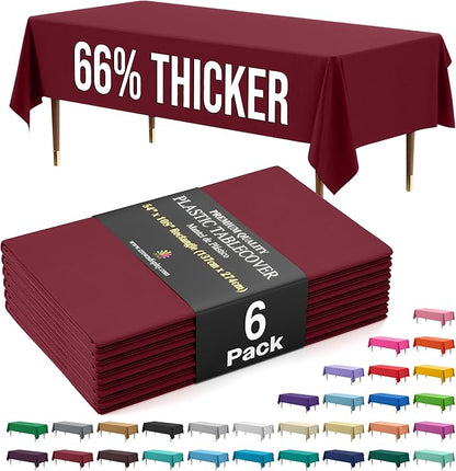 Exquisite 66% Thicker Premium Plastic Table Cloth Rectangle Table Cover 0.5 Mil 6 Pack Burgundy Table Cloth 54 Inch x 108 Inch Disposable Tablecloth Won't Tear Easily Like Cheap Thin Brands