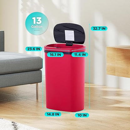 Automatic Motion Sensor Bathroom Trash Can with Lid, 13 Gallon Touchless Trash Bin, Smart Dog Proof Garbage Can, Touch Free Waste Basket for Toilet, Office, Bedroom,Red