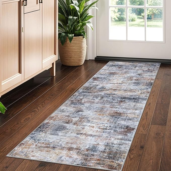 IOHOUZE Abstract Runner Rug 2x5 Ft Washable Runners for Hallways, Non Slip Kitchen Runner Soft Printed Faux Wool Entryway Runner Indoor, Modern Abstract Floor Carpet for Hall Bedroom, Orange Grey