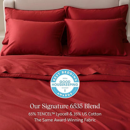 Double Stitch Cotton Tencel Duvet Cover - Queen Size Comforter Cover, Luxury & Soft Eucalyptus Lyocell Bedding Set for Hot Sleepers, Cooling, Smooth & Breathable, Button Closure, Red, 90"x90"