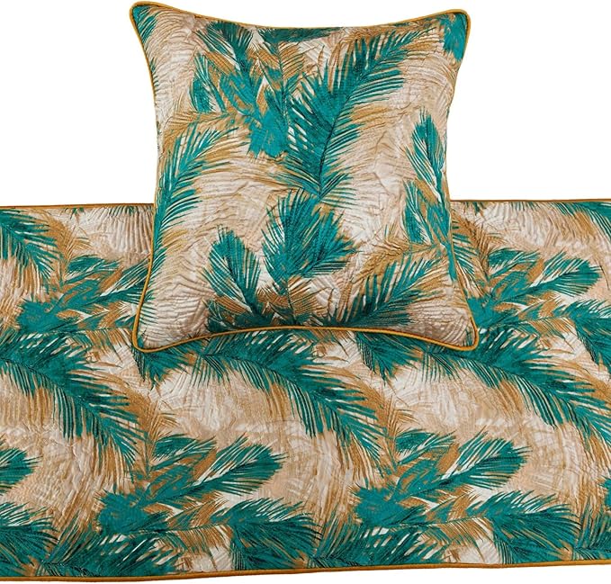 The HomeCentric King/Queen/Twin Green Decorative Twin 53"x18" Bed Runner with Pillow Cover, Plam Leaves & Quilted Bed Scarf on Satin Fabric - Palms