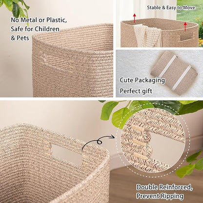OIAHOMY Laundry Hamper, Rectangle Cotton Laundry Basket with Handles, Large Blanket Basket for Living room, Woven Decorative Storage for Toys,Clothes,Pillows-16x13x22in-Brown variegated