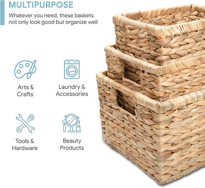 Water Hyacinth Storage Baskets with Wooden Handles, Rectangular Woven Organizer Bins for Closet, Pantry, Bathroom, or Shelves, Natural Decorative Storage Baskets for Home Organization – Set of 3