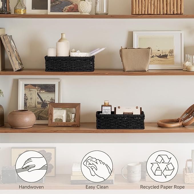 StorageWorks Small, Pantry Baskets, Wicker Storage Baskets for Organizing, Bathroom Shelves, Pantry Organizers and Storage, Black, 2-Pack