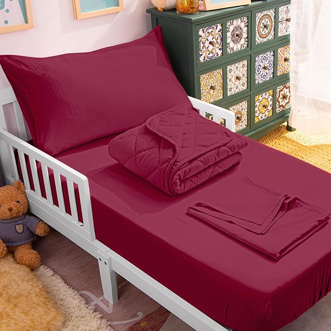 NTBAY Toddler Bedding Set - 4 Piece Soft and Breathable Crib Bedding Set for Boys and Girls, Includes Quilted Comforter, Fitted Sheet, Flat Top Sheet and Envelope Pillowcase, Wine Red