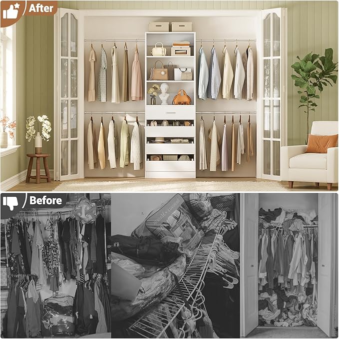 Aheaplus Closet System, 4-9Ft Closet Organizer with 4 Wooden Drawers, Wood Closet Organizer System with Tower, Walk-in Closet Organizer Wardrobe Clothes Rack with 4 Hanging Rods, Garment Rack, White
