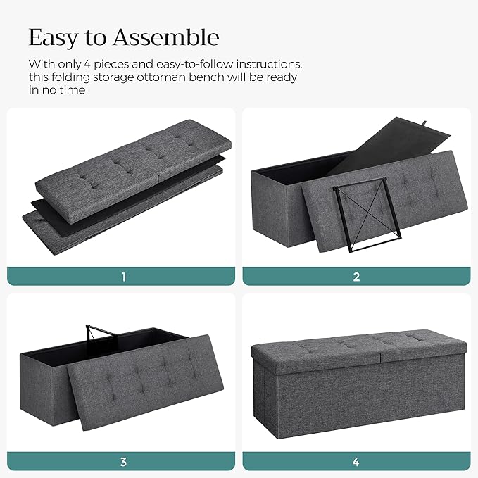 SONGMICS MAZIE Collection - 43 Inches Storage Ottoman, Foldable Storage Bench with Flipping Lid, 660 lb Load Capacity, for Entryway, Living Room, Bedroom, Dark Gray ULSF76GYZ