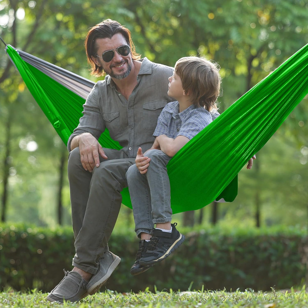 Camping Hammock with Net,Portable Lightweight Double Hammocks with Tree Straps and Solid D-Shape Carabiners,Parachute Nylon Hammock for Backpacking Beach Backyard Patio Hiking Green&Grey