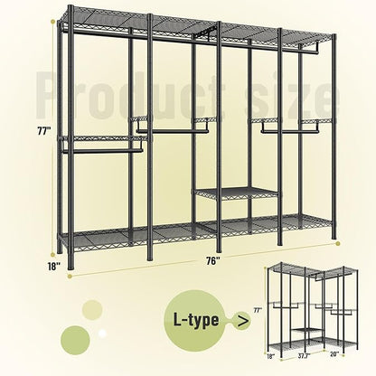 Raybee Heavy Duty Clothes Rack for Hanging Clothes,Clothing Rack with Shelves, Adjustable,76" W x 77" H x 18" D,Max Load 1150lbs,Black