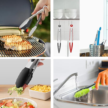 7-Inch Silicone Tongs Pack of 3, Small Tongs with Silicone Tips for Cooking, Barbecue, Buffet Serving (7", RGB)