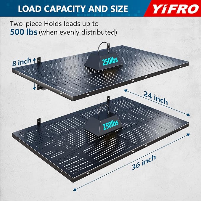 2-Pack 2x3ft Heavy Duty Garage Wall Shelving, 500 lbs Load Capacity, Garage Shelving Wall Mounted, Garage Storage Rack with Hooks, Black