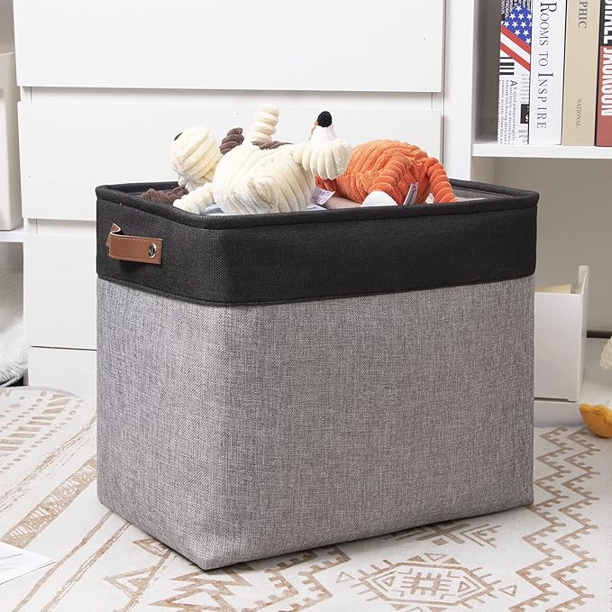 DULLEMELO Large Collapsible Storage Basket/Bin with Sturdy Leather Handles, Fabric Organizer Bin for Storage Clothes, Toys, Books, Office, Bedroom, Closet, Nursery & Laundry (Black&Gray)