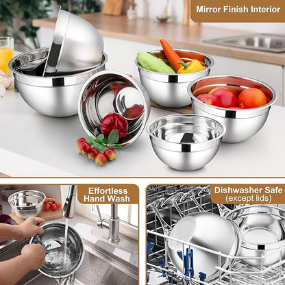 LIANYU Mixing Bowls with Airtight Lids Set, 6 Piece Stainless Steel Metal Kitchen Nesting Bowl, Size 7, 3.5, 2.5, 2, 1.5, 1QT for Prepping, Baking & Food Storage, Dishwasher & Freezer Safe, Khaki