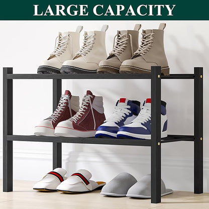 Smiry Shoe Rack, 2 Tier Small Bamboo Shoe Organizer, Stackable Free Standing Wooden Shoe Storage Shelf for Closet, Entryway, Front Door Entrance, Black