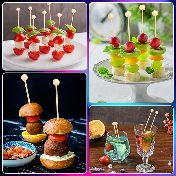 300Pcs Fancy Toothpicks for Appetizers,4.7Inch Wooden Ball Cocktail Picks For Drinks,Bamboo Appetizer Skewers for Charcuterie Boards Accessories,Martini, Sandwich,Desserts,Fruit