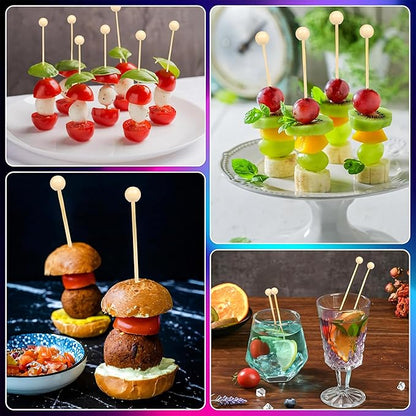 300Pcs Fancy Toothpicks for Appetizers,4.7Inch Wooden Ball Cocktail Picks For Drinks,Bamboo Appetizer Skewers for Charcuterie Boards Accessories,Martini, Sandwich,Desserts,Fruit