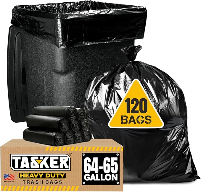 Tasker 65 Gallon Trash Bags Heavy Duty | 120 Count | Extra Large 64 Gallon Trash Bags for Toter | Garbage Bag 65 Gallon Trash Can Liners