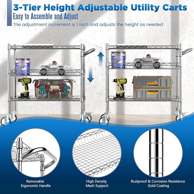 Leteuke Heavy Duty 3 Tier Rolling Utility Cart,NSF Certified 990Lbs Capacity Rolling Carts with Wheels,Commercial Grade Metal Cart with Handle Bar & Shelf Liner,Trolley Serving Cart for Kitchen,Chrome