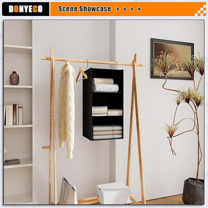 Hanging Closet Organizer - 3-Shelf, Easy Mount Foldable Wardrobe Storage Shelves for Clothes, Handbags, Shoes & Accessories - Washable Oxford Cloth Fabric, Black