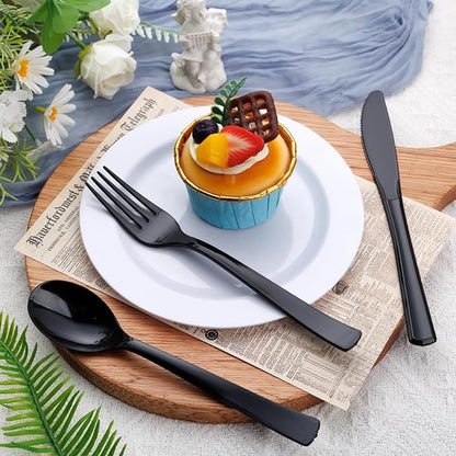 EI 360pcs Black Plastic Silverware,Disposable Cutlery,Plastic Silverware Heavy Duty,Plastic Spoons and Forks include 120pcs Forks,120pcs Spoons and 120pcs Knives,for Holiday, Birthday, Party