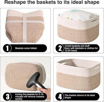Storage Baskets for Shelves, Woven Storage Basket, Bins for Cube Storage, Cotton Rope Basket with Handles for Toy, Book, and Clothes Living Room, (4 Packs) Off White & Brown