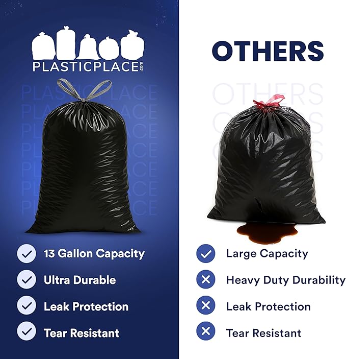 Plasticplace 13 gallon Extra Tall Drawstring Kitchen Trash Bags | Black 1.2 Mil, 24"W x 31"H (200Count)