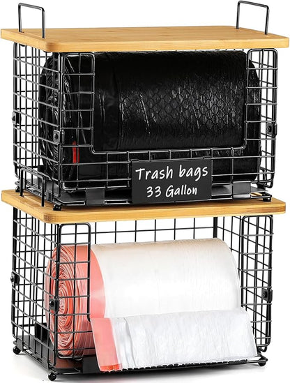 1 Pack Stackable Storage Trash Bag Baskets with Bamboo Top, Large & Standard Trash, Garbage Bag Holder Dispenser, Multiuse Basket for Kitchen Pantry Cabinet Counter Under Sink Laundry Organizing