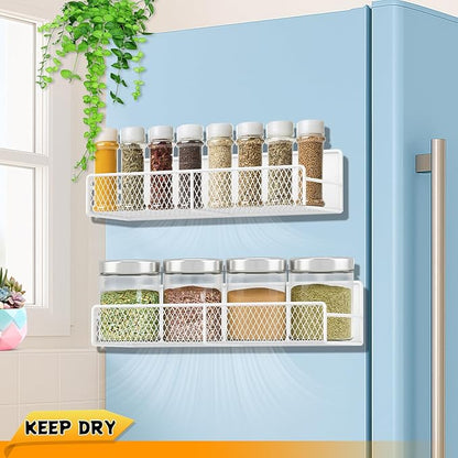 2 Pack Magnetic Spice Rack for Refrigerator, White Magnetic Shelf with 4 Removable Hooks, Rustproof Magnetic Shelf for Fridge, Oven, Condiments, Oils, Seasoning Spice Organizer