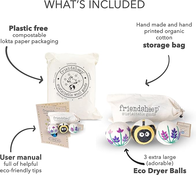 Friendsheep Wool Dryer Balls, Organic Reusable Fabric Softener Alternative for Laundry, Handmade, Fair Trade, Hypoallergenic, Eco-Friendly, Plastic-Free (3 Pack XL – Lavender Fields Bee Flower)