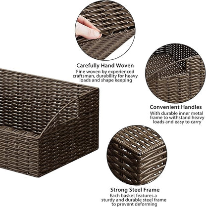 Ollieroo Rattan Storage Baskets, Handwoven Wicker Storage Bins with Built-in Handles, Storage Container Baskets for Shelves, Bedroom, Bathroom, Laundry Room or Kitchen(Brown)