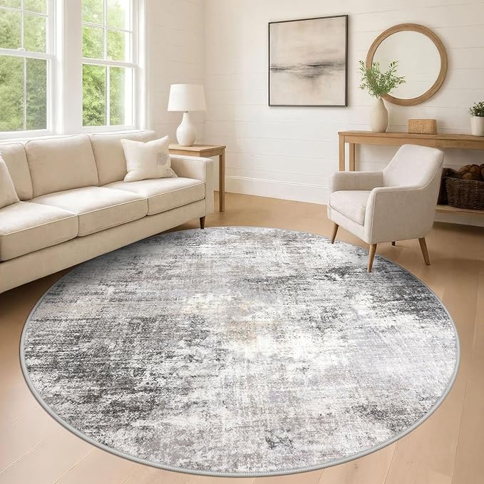 IOHOUZE Abstract Round Area Rug 8 Ft Washable Circle Rugs Large Round Rug Non Slip Thin Soft Circle Rugs, Printed Faux Wool Floor Carpet for Bedroom Living Room Dining Room Nursery, Grey Beige