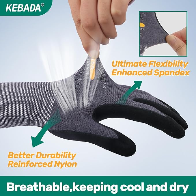 Kebada W2 Safety Work Gloves, Micro-Foam Nitrile Coated Gloves, Touchscreen,Ideal for Package Handling, Gardening, Construction, 1 Pair Medium