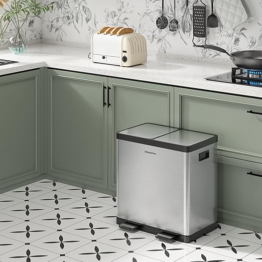 Kitchen Trash Can, 2 x 5.3 Gallon Garbage Can for Kitchen, Dual Compartment Recycling Trash Can, Trash and Recycle Bin Combo, Stainless Steel, Soft-Close Lid, Fingerprint Proof