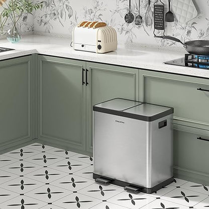 Kitchen Trash Can, 2 x 5.3 Gallon Garbage Can for Kitchen, Dual Compartment Recycling Trash Can, Trash and Recycle Bin Combo, Stainless Steel, Soft-Close Lid, Fingerprint Proof