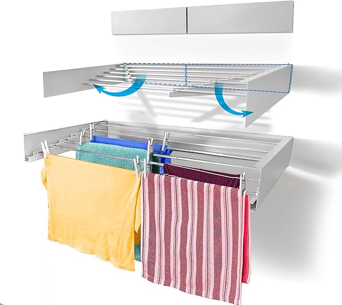 Step Up Laundry Drying Rack, Wall Mounted, Retractable Clothes Drying Rack, 60lbs Capacity, 20 Linear Ft, with Wall Template and Long Screwdriver Bit (40" White)