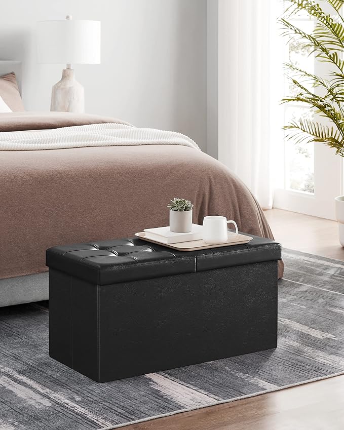 SONGMICS MAZIE Collection - 30 Inches Storage Ottoman Bench with Flipping Lid, Storage Chest Footstool, Load 660 lb, for Entryway, Living Room, Bedroom, Synthetic Leather, Black ULSF45BK