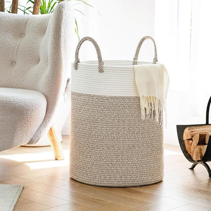 INDRESSME Tall Wicker Laundry Basket, Large Woven Clothes Hamper for Bedroom, Bathroom, Living room, Tall Nursery Hamper for Blankets, Toys, 16 x 20 inches White & Brown