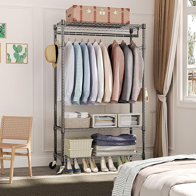 Heavy Duty Rolling Garment Rack 3 Tiers Adjustable Wire Shelving Clothes Rack with Rods and Side Hooks,Storage Closet Clothing Rack with Wheels Black 15.7" D x 29.5" W x 74.5" H