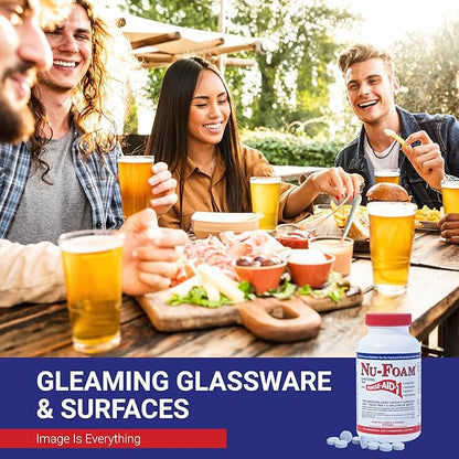 Nu-Foam Sanitizing Tablets for Bar Glassware – Superior Rinse Aid - Hand Washing Bar, Tavern, Brewery Supplies - Spotless Serving Glasses - Professional-Grade Glass Sanitation - 100 Tablets/600 Quarts
