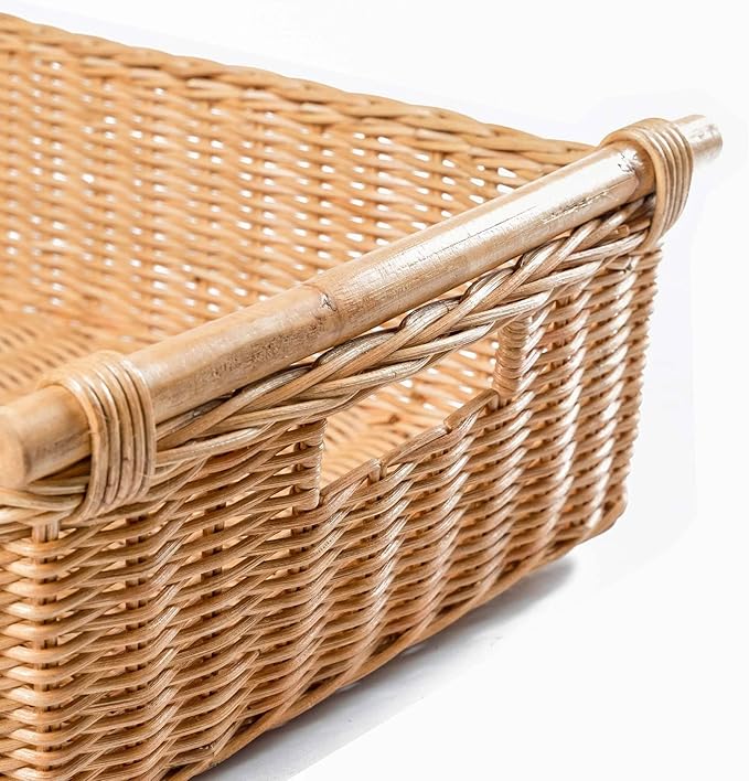 The Basket Lady Low Pole Handle Wicker Storage Basket, Large, 19.5 in L x 12.5 in W x 6 in H, Sandstone