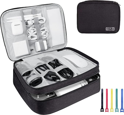 Electronics Travel Organizer,Large Double Layer Portable Waterproof Travel Organizer Bag for Charging Cable Storage,Ipad,Power Bank,Hard Drive etc,for Travel,Business,5pcs Cable Ties-Black