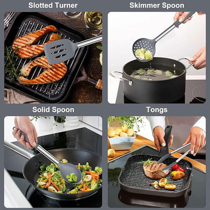 E-far Silicone Cooking Utensils Set, 7 Pcs Heat Resistant Kitchen Utensils with Stainless Steel Handle, Slotted Turner, Spoon, Soup Ladle, Pasta Server, Skimmer, Tongs for Nonstick Cookware, Gray