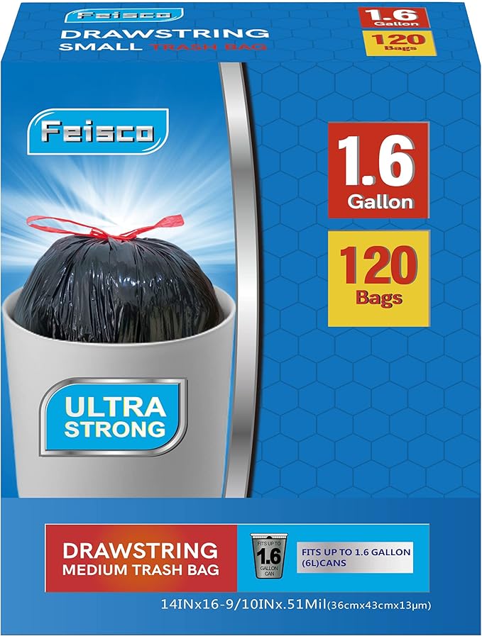 Feisco 1.6 Gallon Black Trash Bag,6L Drawstring Garbage Bag Trash Can Liner,120 Counts,0.51 Mil