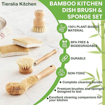 Tieralia Bamboo Dish Brush Gift Set – 5-Piece Kitchen Cleaning Bundle with Bottle Brush, Palm Brush, Scrub Brush & Sponge Pads | Elegant Wood Handles, Scratch-Safe Bristles, Giftable Packaging